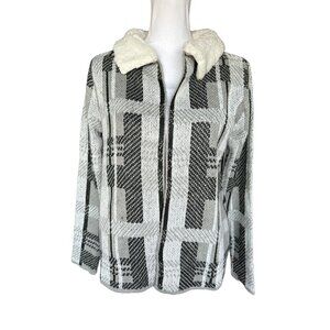 By Design Women's Cardigan Sweater Gray Ivory Black Thelma Sherpa Size Small NEW